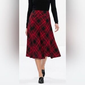 Chaps Red Black Plaid A-Line Midi Skirt‎ Cotton Jersey Pull On Small